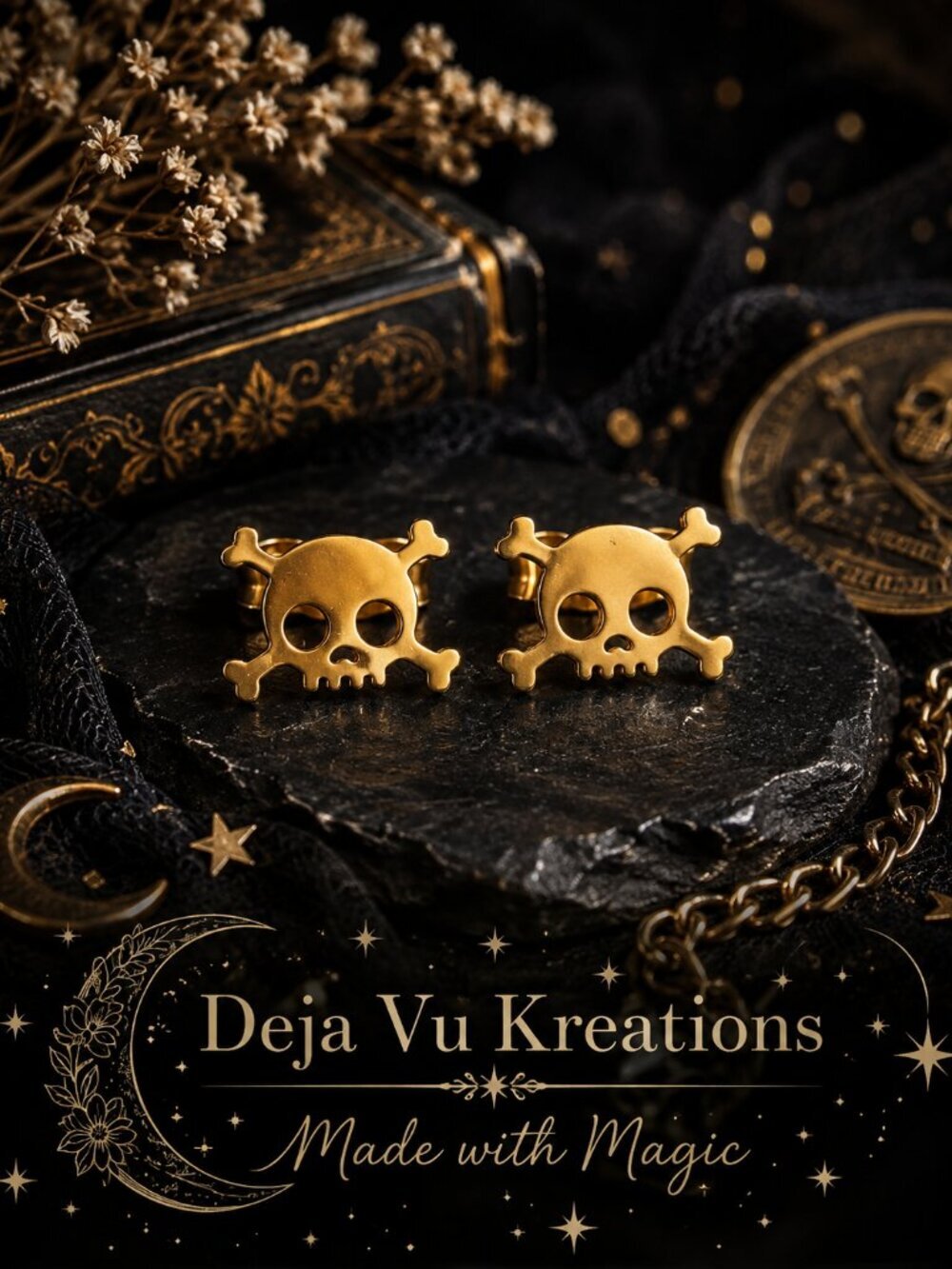 Gold Skull Crossbones Stainless Steel Stud Earrings